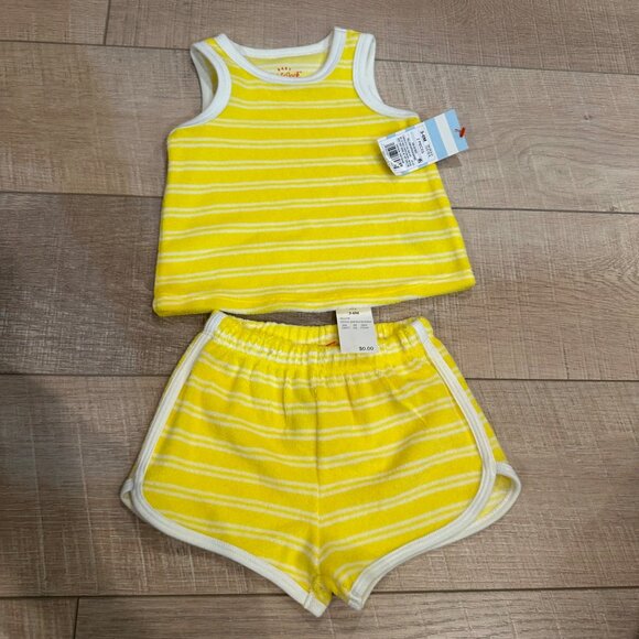 CAT & JACK GIRLS RETRO YELLOW TERRY CLOTH SHORT AND TANK SHIRT SET 3-6 MONTH BAB - Picture 1 of 6